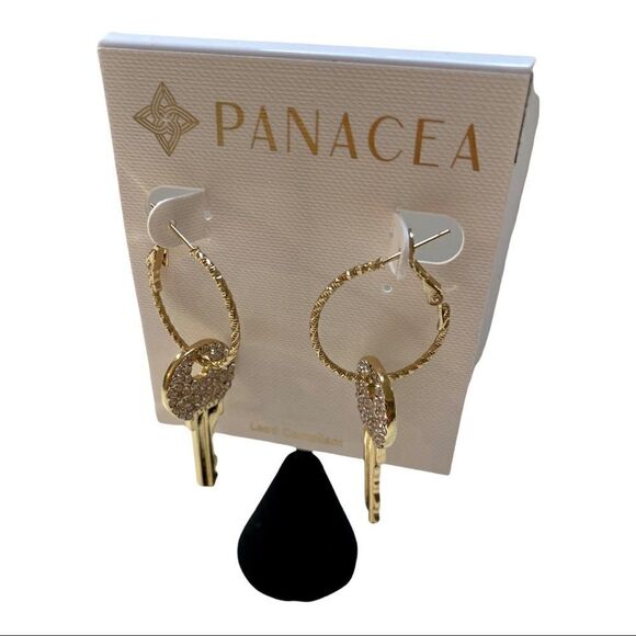 Panacea Sparkly Gold Toned Key Shaped Drop Earrings - Picture 2 of 5